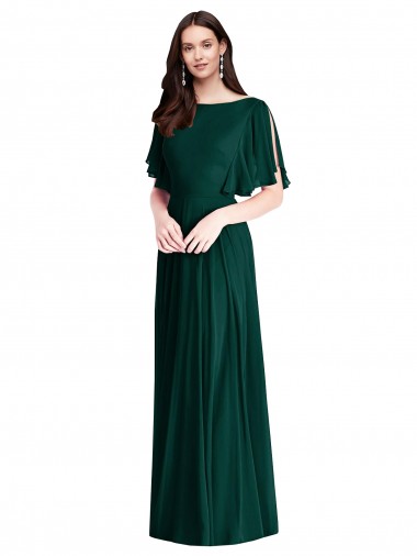 Bell Sleeves Bateau Neck Soft Chiffon Ever Green Long Semi Formal Evening Dress Canada for Sale