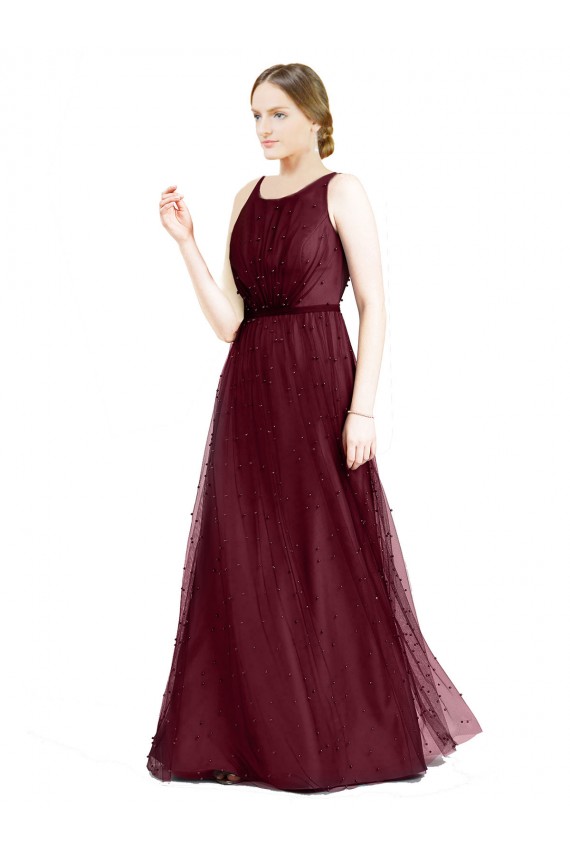 Sleeveless Boat Neck Tulle Burgundy Long Semi Formal Evening Dress Canada for Sale