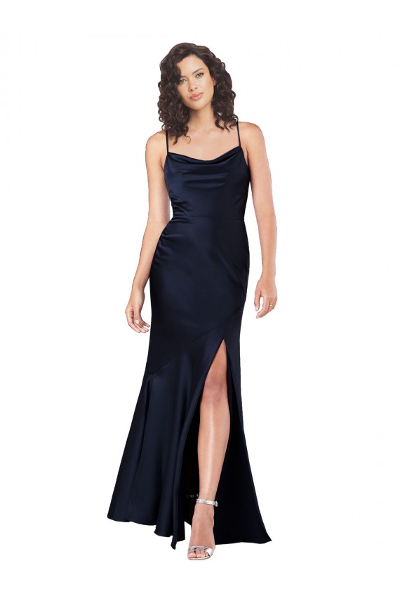 Sleeveless Cowl Neck Silky Satin Dark Navy Long Black Tie Evening Dress Canada for Sale