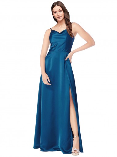 Sleeveless Cowl Neck Silky Satin Peacock Blue Long Formal Evening Dress Canada for Sale