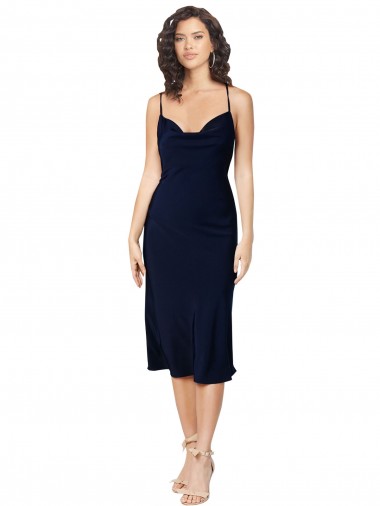 Sleeveless Cowl Neck Silky Satin Dark Navy Midi Length Formal Evening Dress Canada for Sale