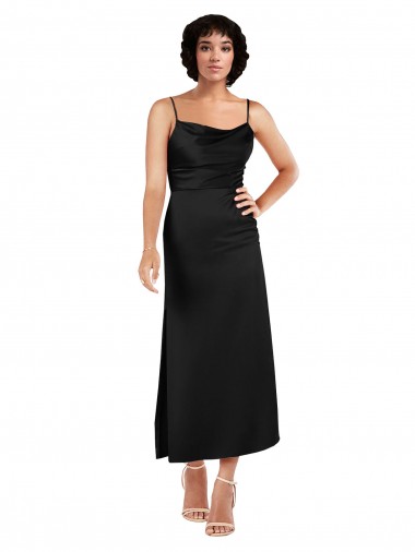 Sleeveless Cowl Neck Silky Satin Black Tea Length Formal Evening Dress Canada for Sale
