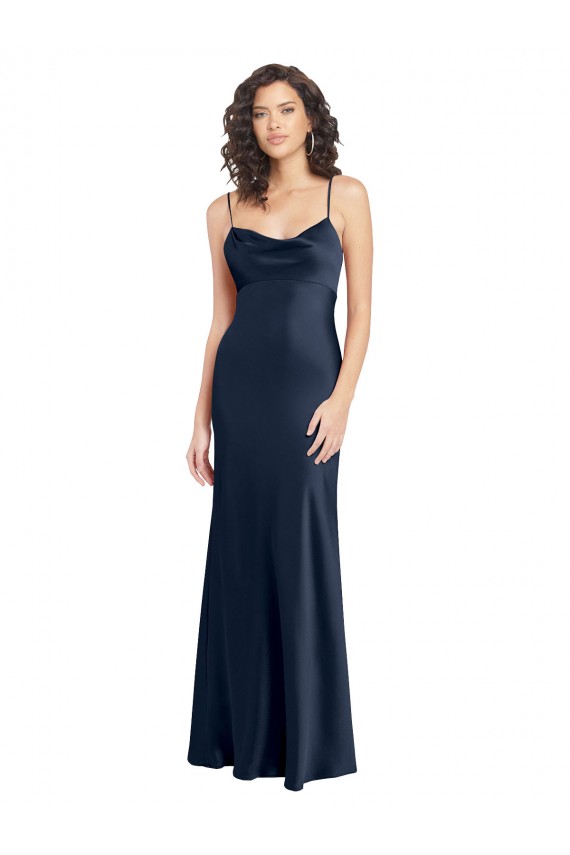 Sleeveless Cowl Neck Stretch Satin Dark Navy Long Black Tie Evening Dress Canada for Sale