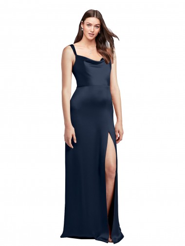 Sleeveless Cowl Neck Stretch Satin Dark Navy Long Formal Evening Dress Canada for Sale