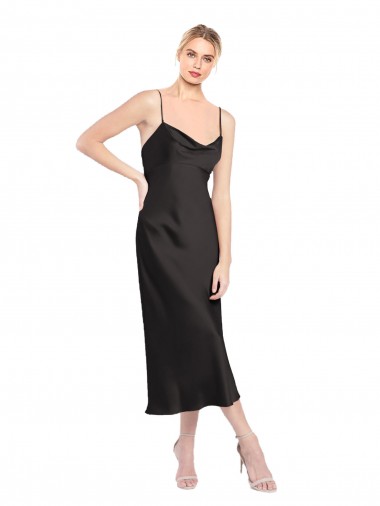 Sleeveless Cowl Neck Stretch Satin Black Midi Length Formal Evening Dress Canada for Sale