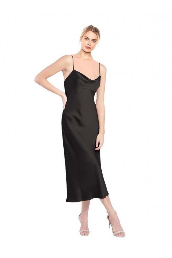 Sleeveless Cowl Neck Stretch Satin Black Midi Length Formal Evening Dress Canada for Sale