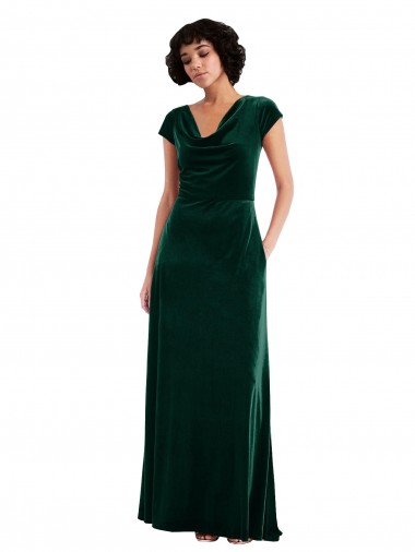Cap Sleeves Cowl Neck Stretch Velvet Dark Green Long Black Tie Evening Dress Canada for Sale
