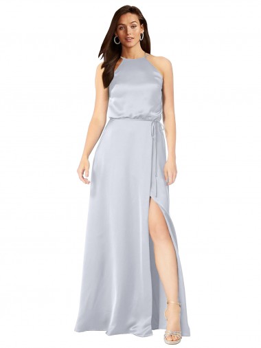Sleeveless Halter Neck Silky Satin Fog Long Formal Evening Dress Canada for Sale