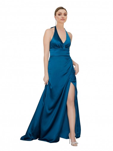 Sleeveless Halter Neck Silky Satin Peacock Blue Long Formal Evening Dress Canada for Sale