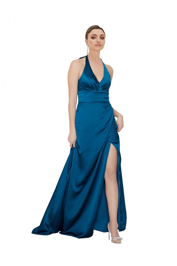 Sleeveless Halter Neck Silky Satin Peacock Blue Long Formal Evening Dress Canada for Sale