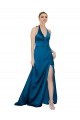 Sleeveless Halter Neck Silky Satin Peacock Blue Long Formal Evening Dress Canada for Sale