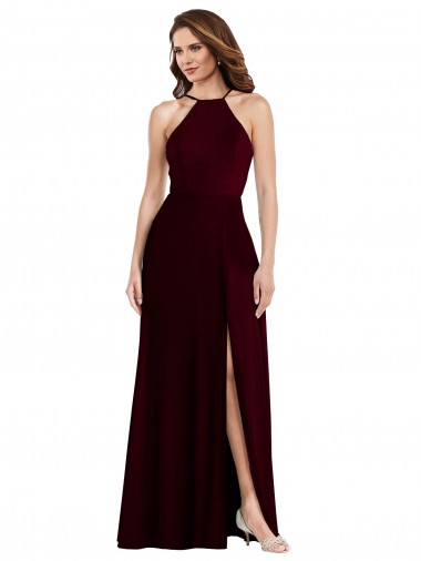 Sleeveless Halter Neck Soft Chiffon Burgundy Gold Long Semi Formal Evening Dress Canada for Sale