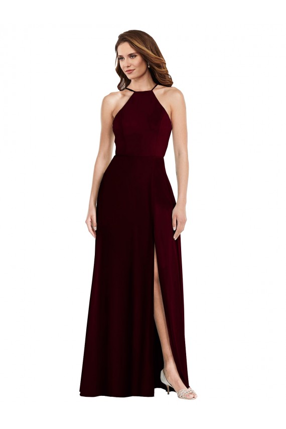 Sleeveless Halter Neck Soft Chiffon Burgundy Gold Long Semi Formal Evening Dress Canada for Sale