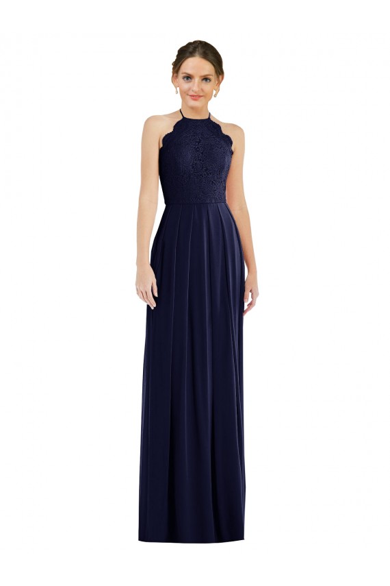Sleeveless Halter Neck Soft Chiffon Dark Navy Long Semi Formal Evening Dress Canada for Sale