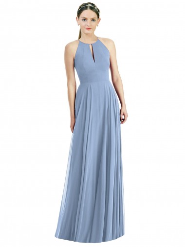Sleeveless Halter Neck Soft Chiffon Dusty Blue Long Semi Formal Evening Dress Canada for Sale