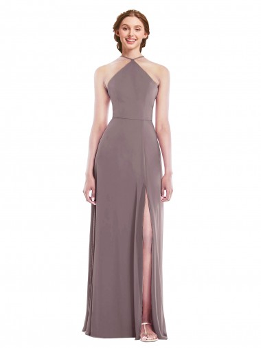 Sleeveless Halter Neck Soft Chiffon Dusty Rose Long Formal Evening Dress Canada for Sale