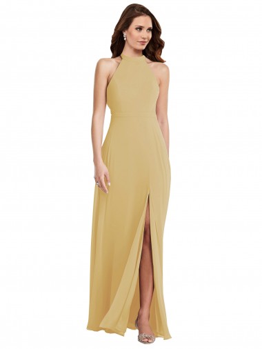 Sleeveless Halter Neck Soft Chiffon Gold Long Semi Formal Evening Dress Canada for Sale