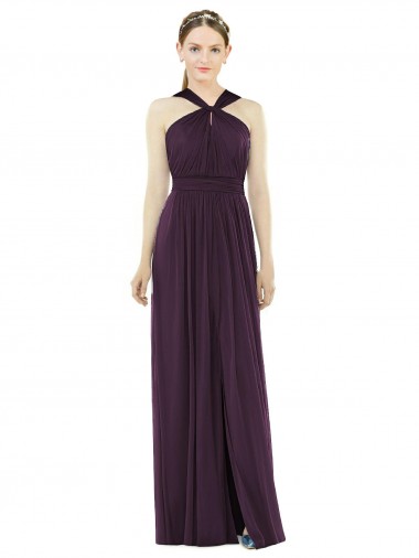 Sleeveless Halter Neck Soft Chiffon Grape Long Semi Formal Evening Dress Canada for Sale