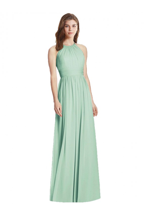 Sleeveless Halter Neck Soft Chiffon Mint Green Long Semi Formal Evening Dress Canada for Sale