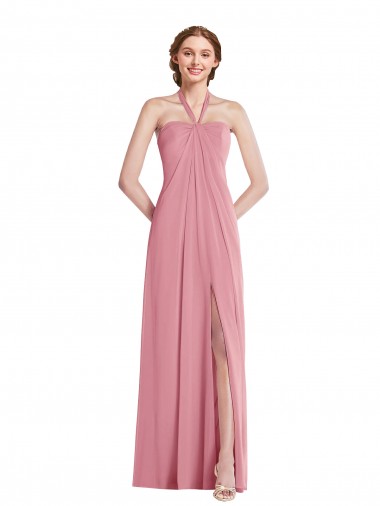 Sleeveless Halter Neck Soft Chiffon Skin Pink Long Semi Formal Evening Dress Canada for Sale