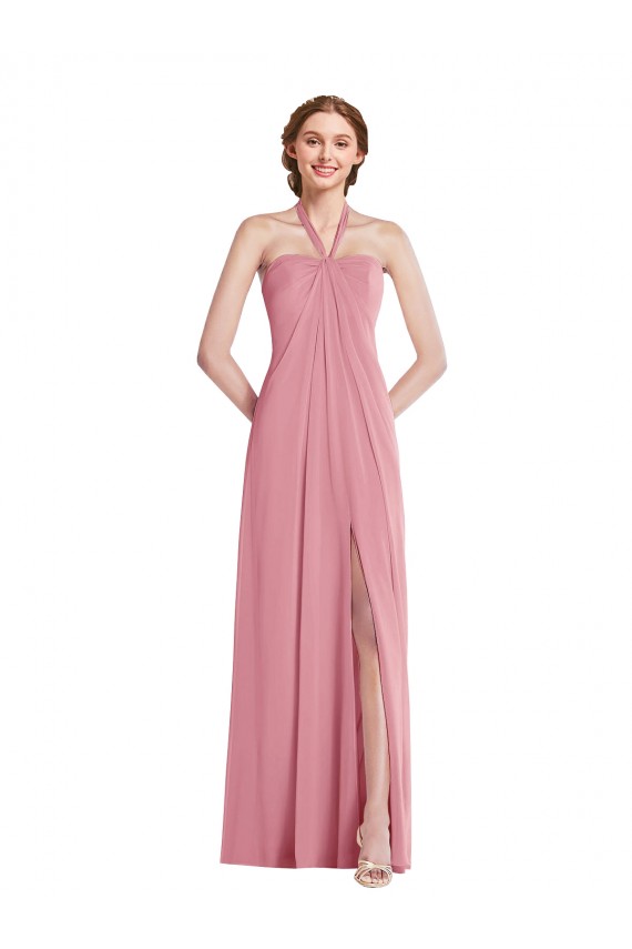 Sleeveless Halter Neck Soft Chiffon Skin Pink Long Semi Formal Evening Dress Canada for Sale