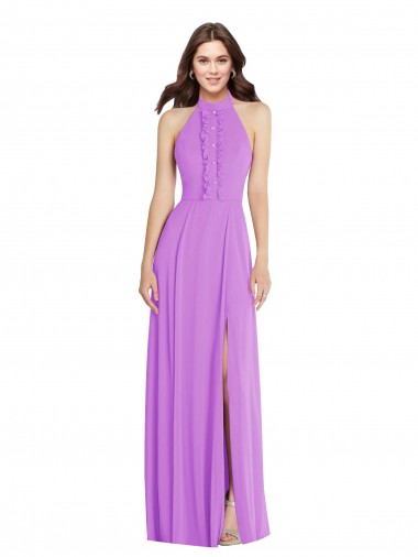 Sleeveless Halter Neck Soft Chiffon Violet Long Formal Evening Dress Canada for Sale