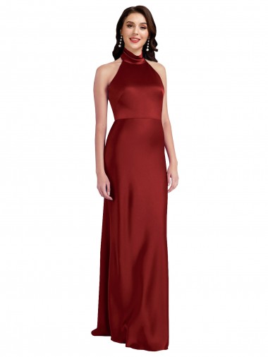 Sleeveless Halter Neck Stretch Satin Burgundy Long Black Tie Evening Dress Canada for Sale