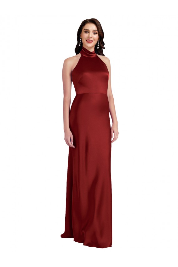 Sleeveless Halter Neck Stretch Satin Burgundy Long Black Tie Evening Dress Canada for Sale