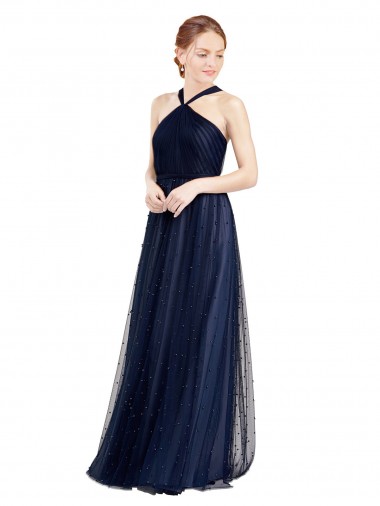 Sleeveless Halter Neck Tulle Navy Blue Long Evening Dress Canada for Sale