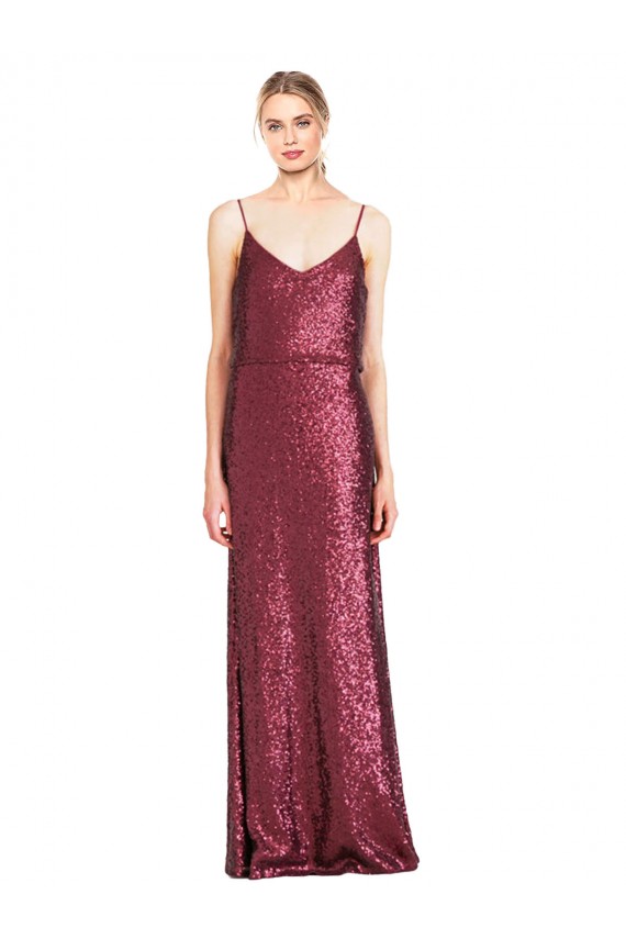 Sleeveless High Neck Sequin Burgundy Long Formal Evening Dress Canada for Sale