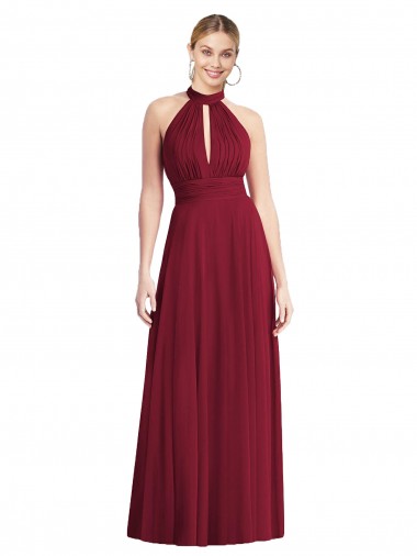 Sleeveless High Neck Soft Chiffon Burgundy Long Semi Formal Evening Dress Canada for Sale