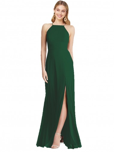 Sleeveless High Neck Soft Chiffon Dark Green Long Semi Formal Evening Dress Canada for Sale