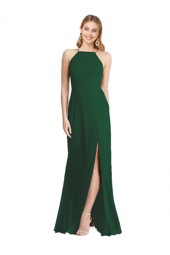 Sleeveless High Neck Soft Chiffon Dark Green Long Semi Formal Evening Dress Canada for Sale