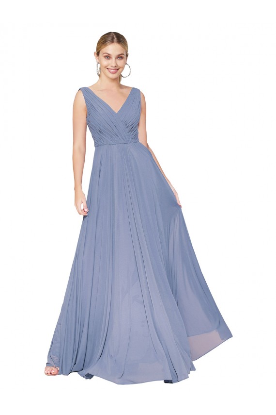 Sleeveless High Neck Soft Chiffon Dusty Blue Long Formal Evening Dress Canada for Sale