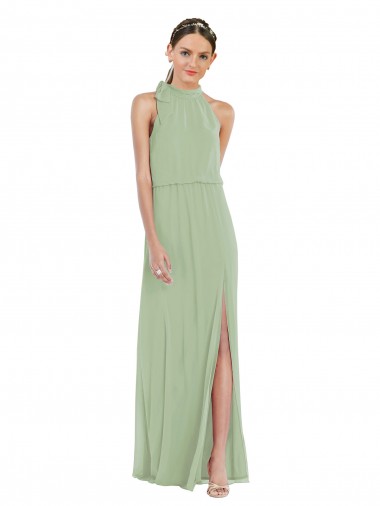 Sleeveless High Neck Soft Chiffon Smoke Green Long Semi Formal Evening Dress Canada for Sale