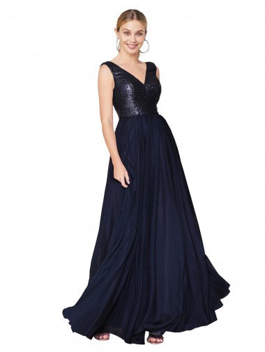 Sleeveless High Neck Soft Chiffon & Sequin Dark Navy Long Semi Formal Evening Dress Canada for Sale