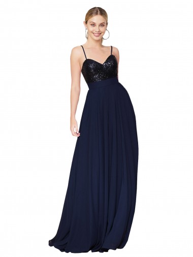 Sleeveless High Neck Soft Chiffon & Sequin Dark Navy Long Semi Formal Evening Gown Canada for Sale
