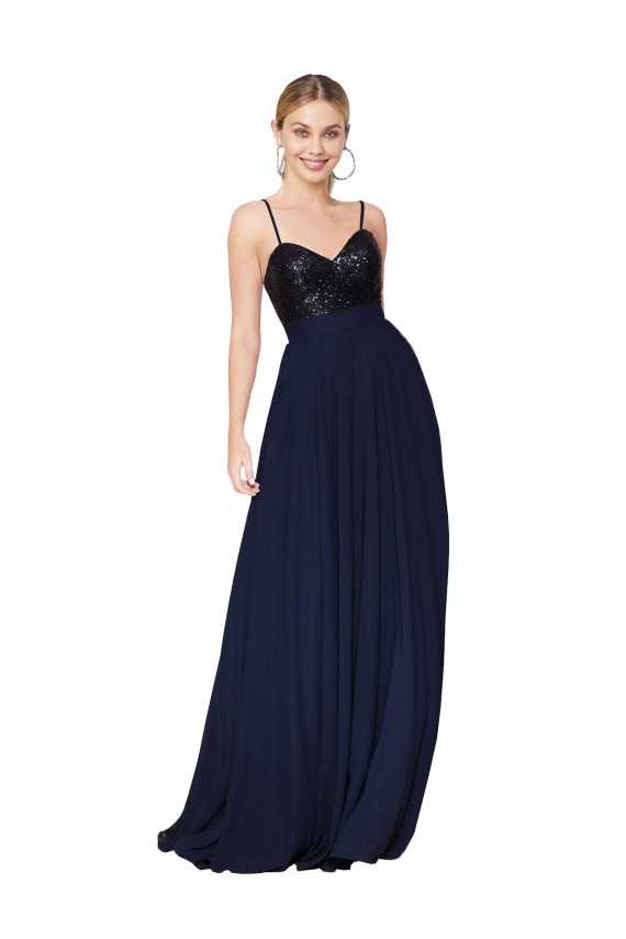 Sleeveless High Neck Soft Chiffon & Sequin Dark Navy Long Semi Formal Evening Gown Canada for Sale