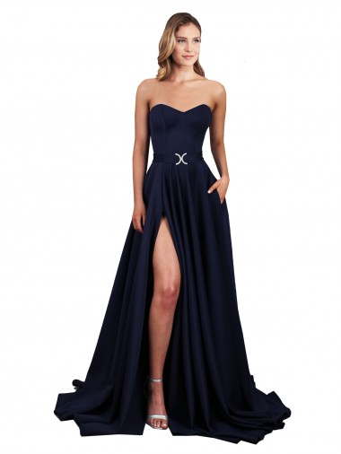 Sleeveless High Neck Stretch Crepe Dark Navy Long Formal Dress Canada for Sale