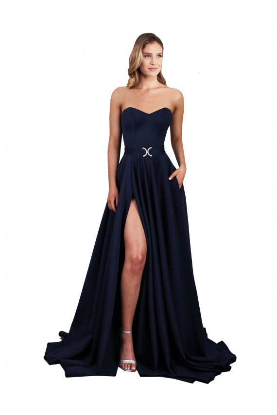 Sleeveless High Neck Stretch Crepe Dark Navy Long Formal Dress Canada for Sale
