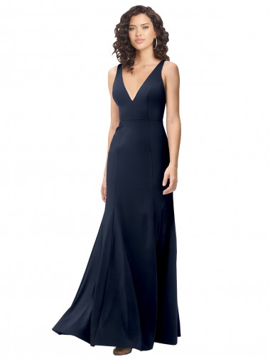 Sleeveless High Neck Stretch Crepe Dark Navy A-Line Long Formal Dress Canada for Sale