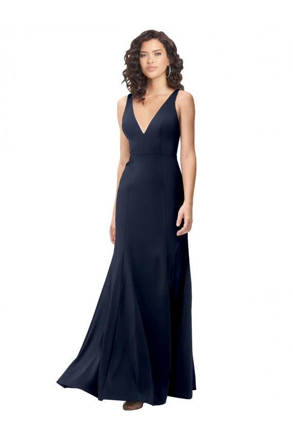 Sleeveless High Neck Stretch Crepe Dark Navy A-Line Long Formal Dress Canada for Sale