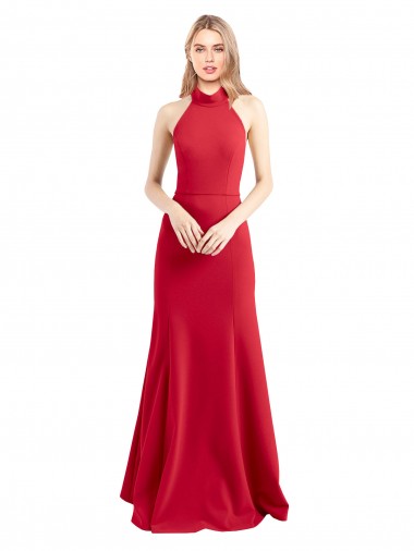 Sleeveless High Neck Stretch Crepe Red A-Line Long Formal Evening Dress Canada for Sale