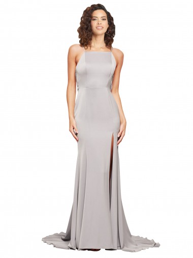 Sleeveless High Neck Stretch Satin Sweep Train Formal Evening Dress Canada for Sale