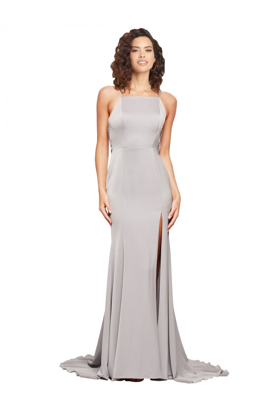 Sleeveless High Neck Stretch Satin Sweep Train Formal Evening Dress Canada for Sale