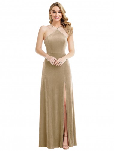 Sleeveless High Neck Stretch Velvet Champagne Long Semi Formal Evening Dress Canada for Sale