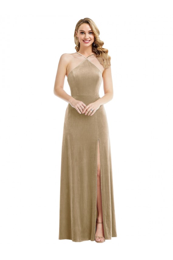 Sleeveless High Neck Stretch Velvet Champagne Long Semi Formal Evening Dress Canada for Sale