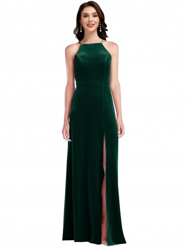 Sleeveless High Neck Stretch Velvet Dark Green Long Semi Formal Evening Dress Canada for Sale