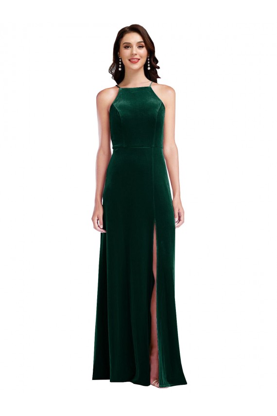 Sleeveless High Neck Stretch Velvet Dark Green Long Semi Formal Evening Dress Canada for Sale
