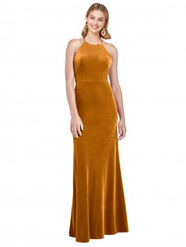 Sleeveless High Neck Stretch Velvet Gold Long Formal Evening Dress Canada for Sale